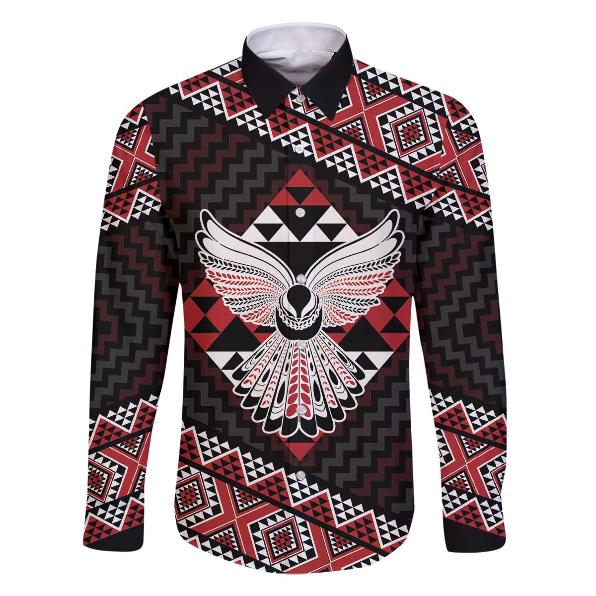 Taniko Aotearoa Family Matching Off The Shoulder Long Sleeve Dress and Hawaiian Shirt Poutama Mix Piwakawaka - Ver02 LT7 Dad's Shirt - Long Sleeve Red - Polynesian Pride