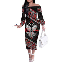 Taniko Aotearoa Family Matching Off The Shoulder Long Sleeve Dress and Hawaiian Shirt Poutama Mix Piwakawaka - Ver02 LT7 Mom's Dress Red - Polynesian Pride