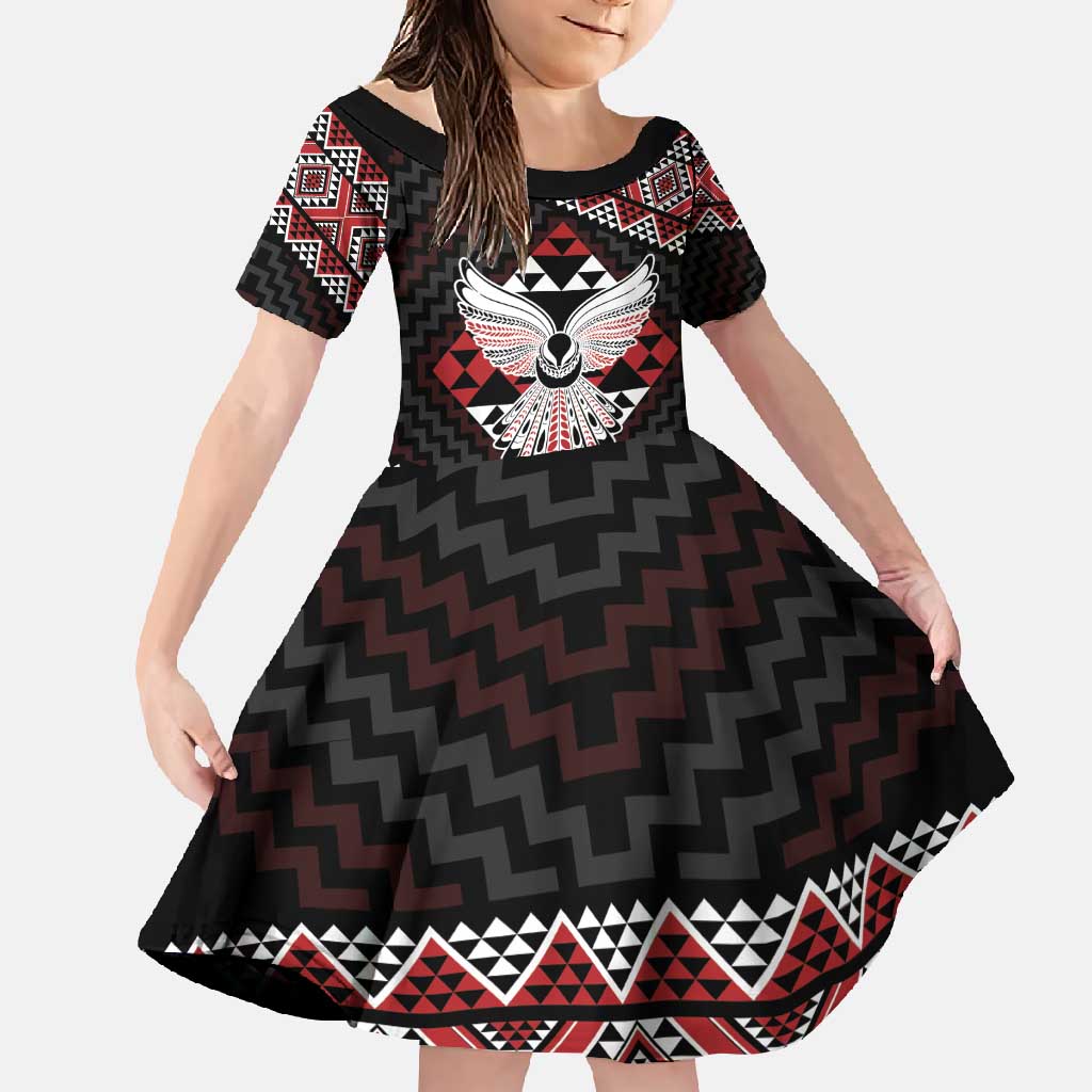 Taniko Aotearoa Family Matching Off Shoulder Maxi Dress and Hawaiian Shirt Poutama Mix Piwakawaka - Ver02 LT7 Daughter's Dress Red - Polynesian Pride