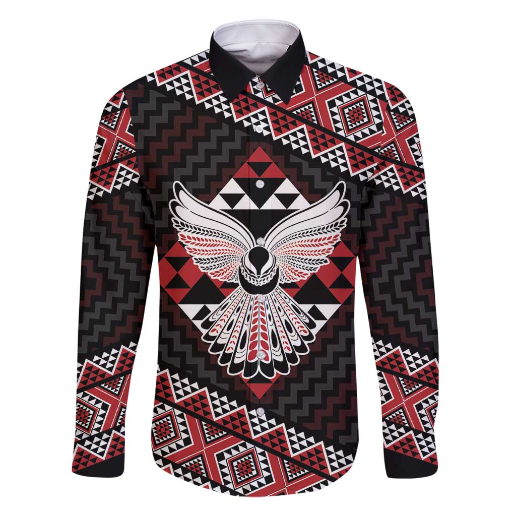 Taniko Aotearoa Family Matching Summer Maxi Dress and Hawaiian Shirt Poutama Mix Piwakawaka - Ver02 LT7 Dad's Shirt - Long Sleeve Red - Polynesian Pride