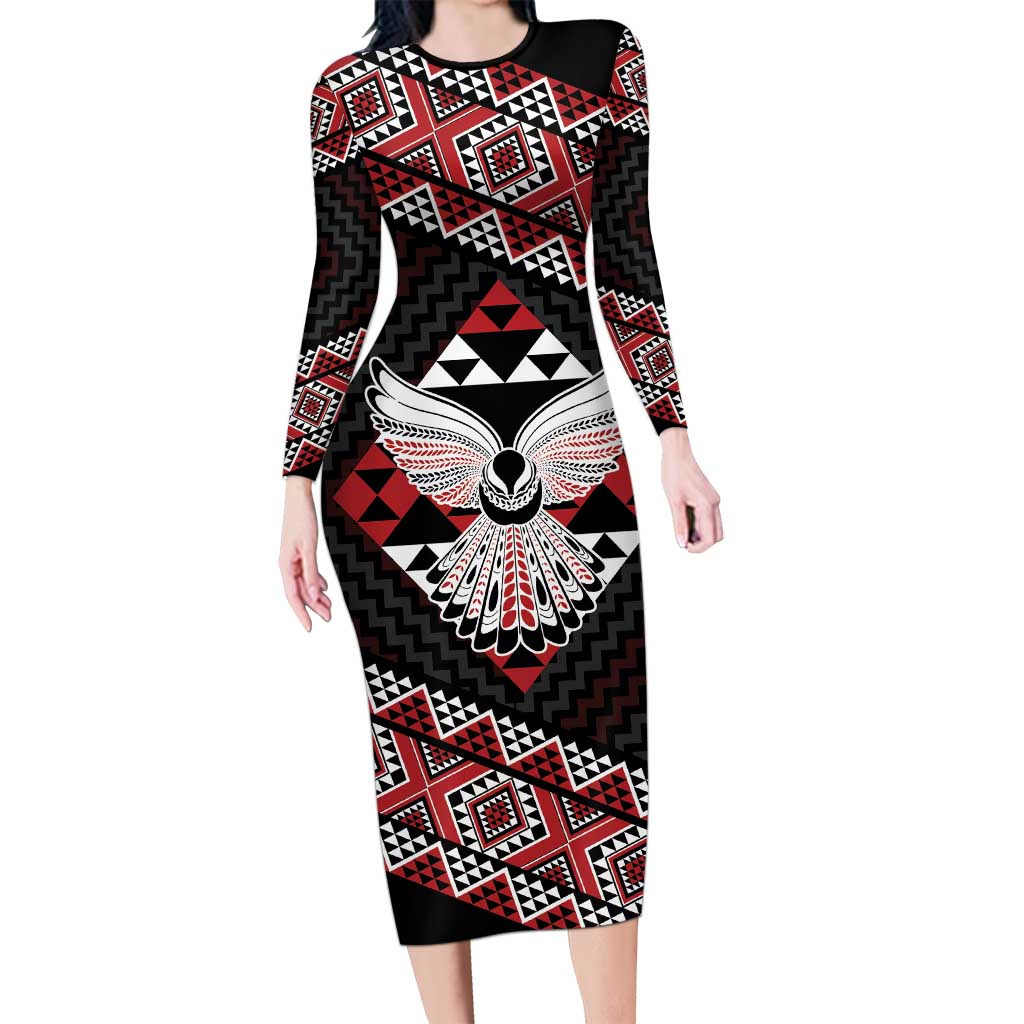 Taniko Aotearoa Long Sleeve Bodycon Dress Poutama Mix Piwakawaka - Ver02 LT7 Long Dress Red - Polynesian Pride