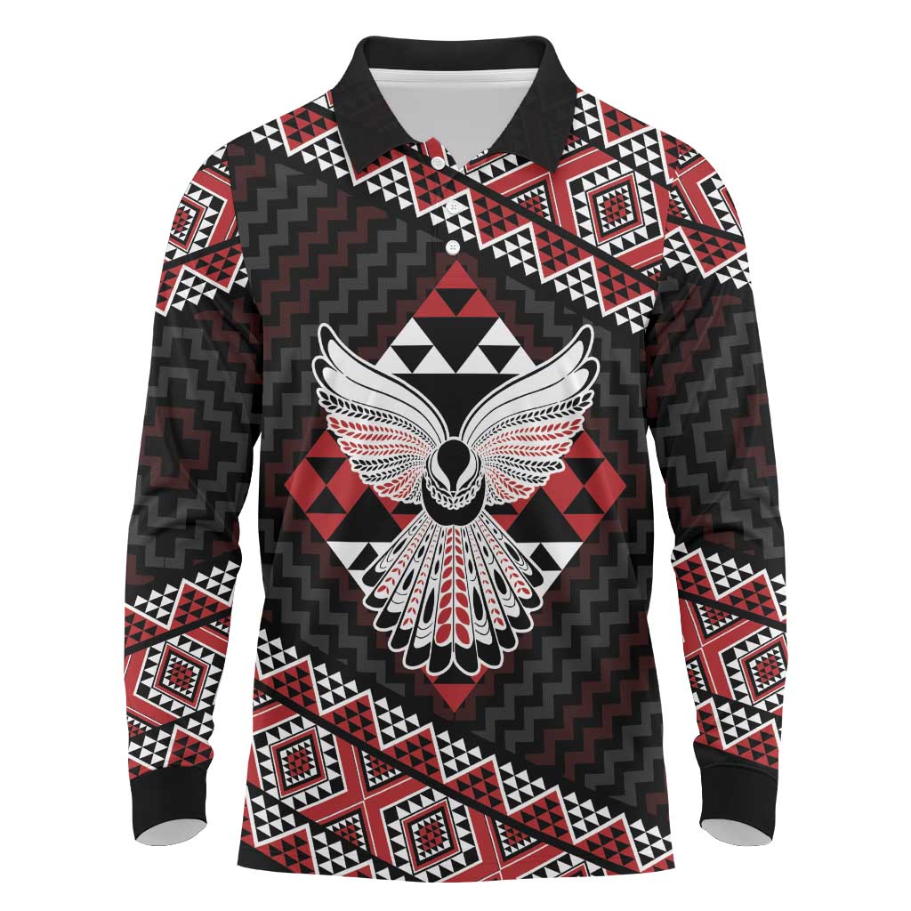 Taniko Aotearoa Long Sleeve Polo Shirt Poutama Mix Piwakawaka - Ver02 LT7 Red - Polynesian Pride