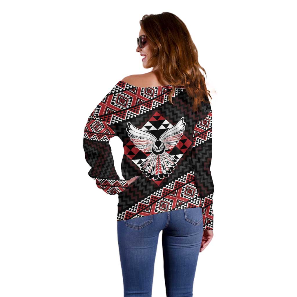 Taniko Aotearoa Off Shoulder Sweater Poutama Mix Piwakawaka - Ver02