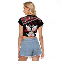 Taniko Aotearoa Raglan Cropped T Shirt Poutama Mix Piwakawaka - Ver02
