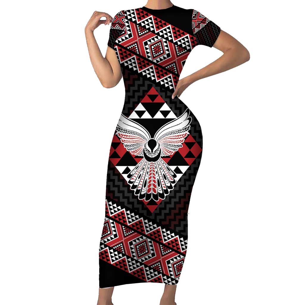 Taniko Aotearoa Short Sleeve Bodycon Dress Poutama Mix Piwakawaka - Ver02 LT7 Long Dress Red - Polynesian Pride