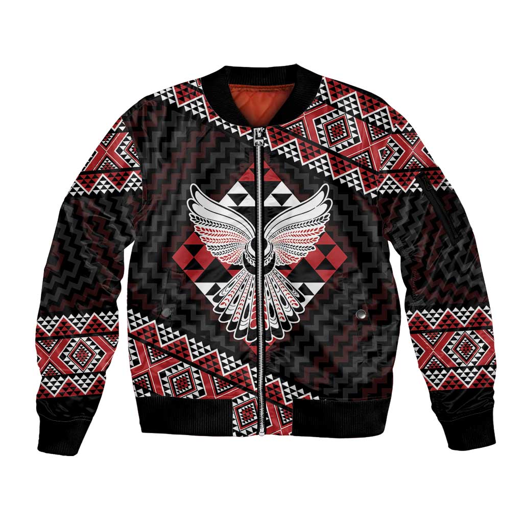 Taniko Aotearoa Sleeve Zip Bomber Jacket Poutama Mix Piwakawaka - Ver02 LT7 Unisex Red - Polynesian Pride