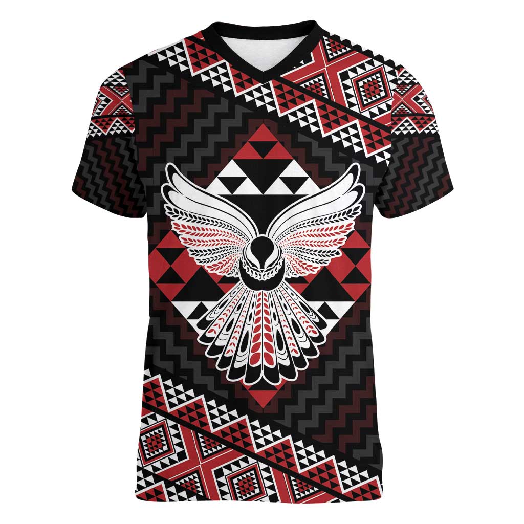Taniko Aotearoa Women V-Neck T-Shirt Poutama Mix Piwakawaka - Ver02 LT7 Female Red - Polynesian Pride