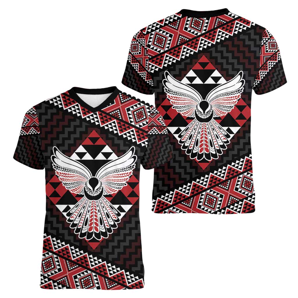 Taniko Aotearoa Women V-Neck T-Shirt Poutama Mix Piwakawaka - Ver02 LT7 - Polynesian Pride
