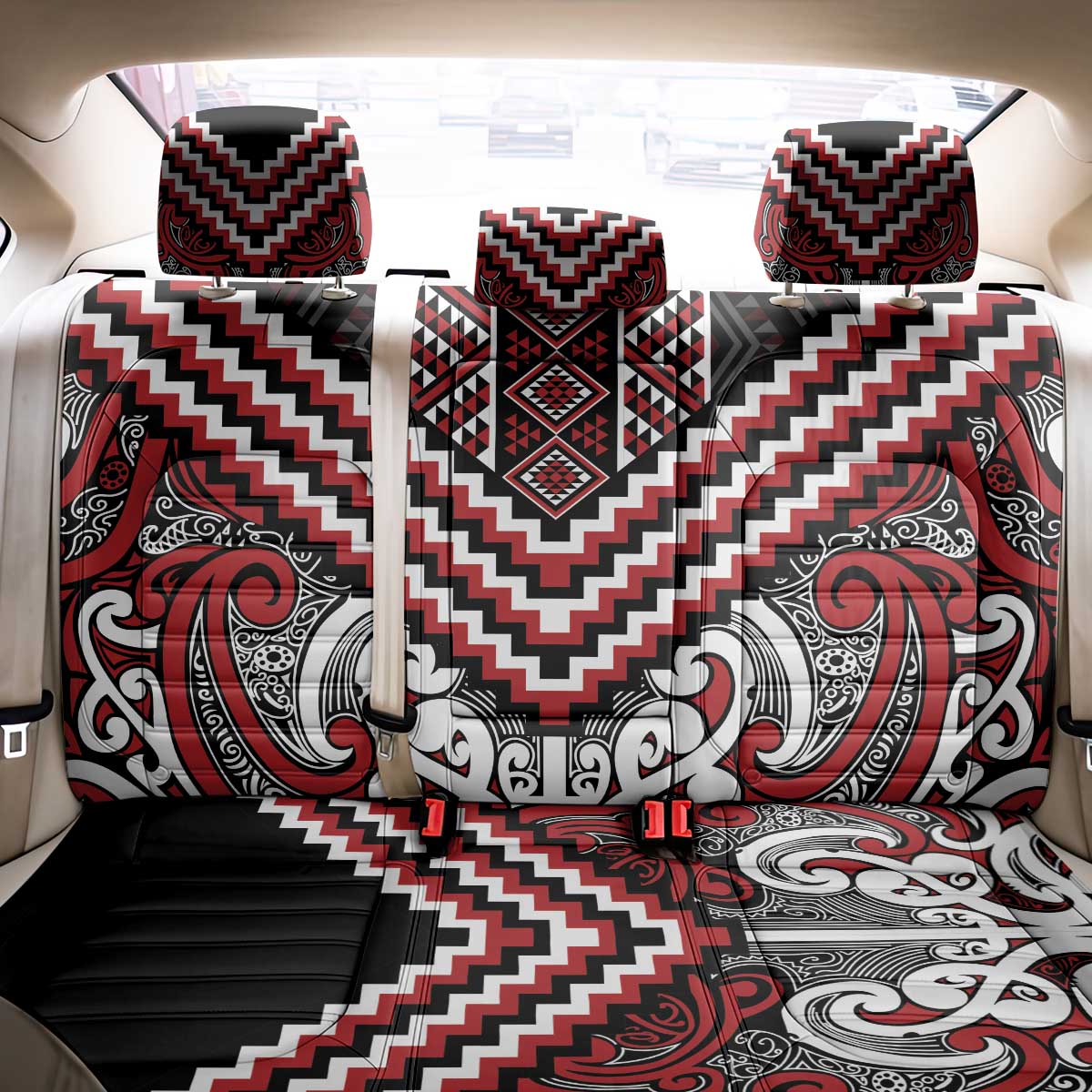 Maori Tukutuku Taniko Motifs Back Car Seat Cover Red Poutama Mix Kowhaiwhai LT7 - Polynesian Pride