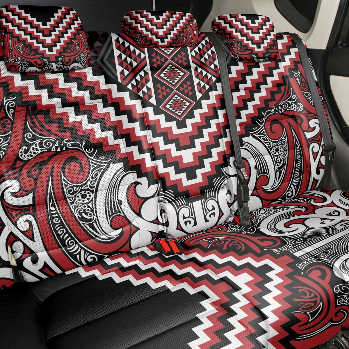 Maori Tukutuku Taniko Motifs Back Car Seat Cover Red Poutama Mix Kowhaiwhai LT7 - Polynesian Pride