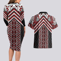 Maori Tukutuku Taniko Motifs Couples Matching Long Sleeve Bodycon Dress and Hawaiian Shirt Red Poutama Mix Kowhaiwhai LT7 - Polynesian Pride
