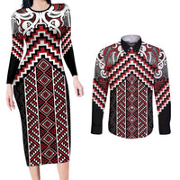 Maori Tukutuku Taniko Motifs Couples Matching Long Sleeve Bodycon Dress and Long Sleeve Button Shirt Red Poutama Mix Kowhaiwhai LT7 Red - Polynesian Pride