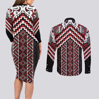 Maori Tukutuku Taniko Motifs Couples Matching Long Sleeve Bodycon Dress and Long Sleeve Button Shirt Red Poutama Mix Kowhaiwhai LT7 - Polynesian Pride