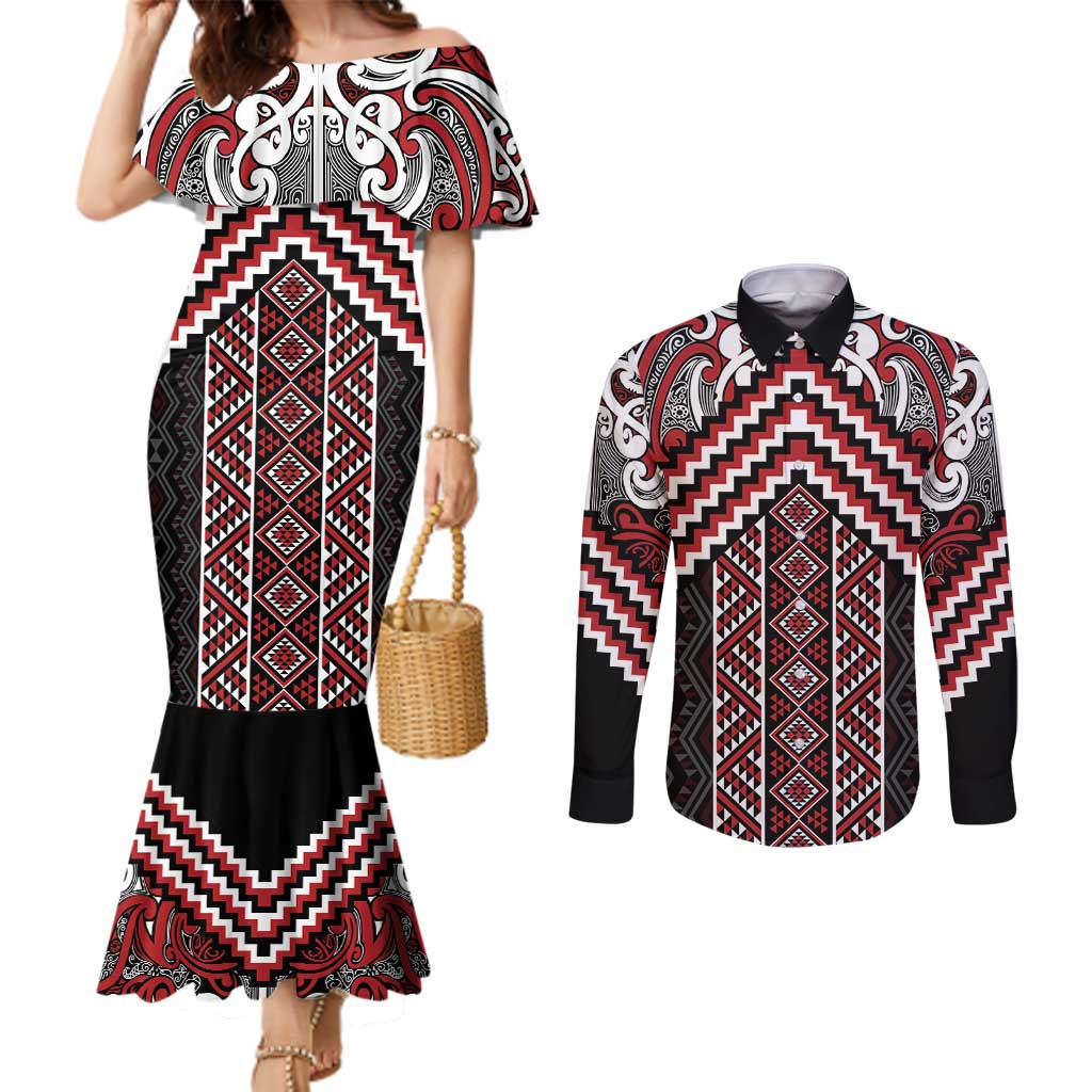 Maori Tukutuku Taniko Motifs Couples Matching Mermaid Dress and Long Sleeve Button Shirt Red Poutama Mix Kowhaiwhai LT7 Red - Polynesian Pride