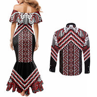 Maori Tukutuku Taniko Motifs Couples Matching Mermaid Dress and Long Sleeve Button Shirt Red Poutama Mix Kowhaiwhai LT7 - Polynesian Pride