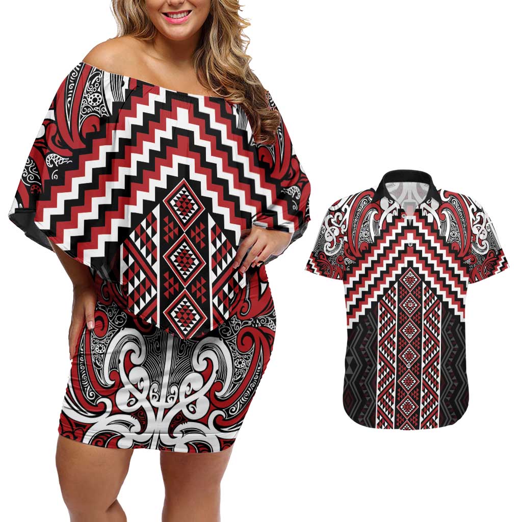 Maori Tukutuku Taniko Motifs Couples Matching Off Shoulder Short Dress and Hawaiian Shirt Red Poutama Mix Kowhaiwhai LT7 Red - Polynesian Pride