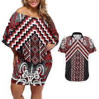 Maori Tukutuku Taniko Motifs Couples Matching Off Shoulder Short Dress and Hawaiian Shirt Red Poutama Mix Kowhaiwhai LT7 Red - Polynesian Pride