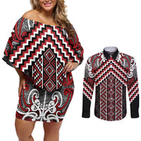 Maori Tukutuku Taniko Motifs Couples Matching Off Shoulder Short Dress and Long Sleeve Button Shirt Red Poutama Mix Kowhaiwhai LT7 Red - Polynesian Pride