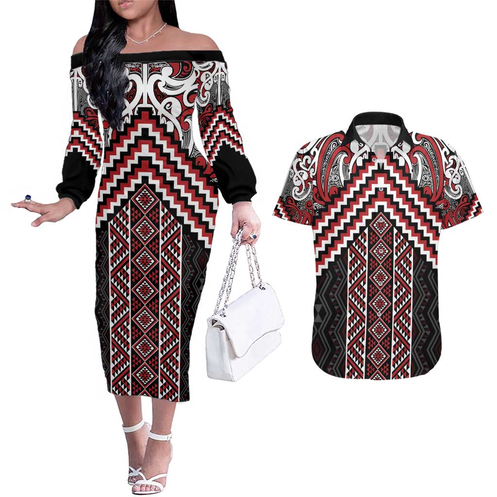Maori Tukutuku Taniko Motifs Couples Matching Off The Shoulder Long Sleeve Dress and Hawaiian Shirt Red Poutama Mix Kowhaiwhai LT7 Red - Polynesian Pride