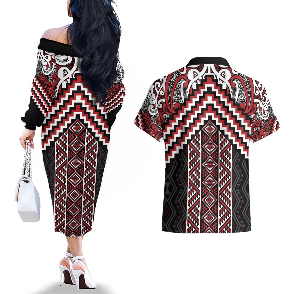Maori Tukutuku Taniko Motifs Couples Matching Off The Shoulder Long Sleeve Dress and Hawaiian Shirt Red Poutama Mix Kowhaiwhai LT7 - Polynesian Pride