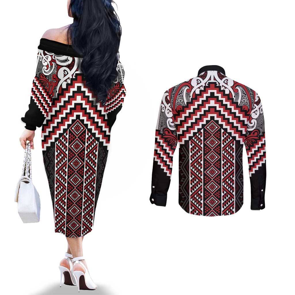 Maori Tukutuku Taniko Motifs Couples Matching Off The Shoulder Long Sleeve Dress and Long Sleeve Button Shirt Red Poutama Mix Kowhaiwhai LT7 - Polynesian Pride