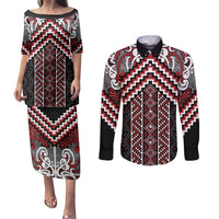 Maori Tukutuku Taniko Motifs Couples Matching Puletasi and Long Sleeve Button Shirt Red Poutama Mix Kowhaiwhai LT7 Red - Polynesian Pride