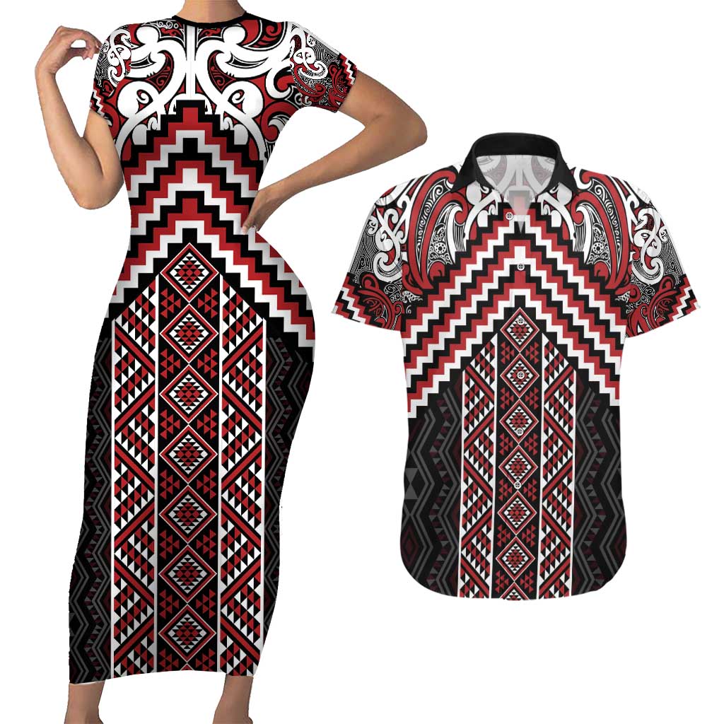 Maori Tukutuku Taniko Motifs Couples Matching Short Sleeve Bodycon Dress and Hawaiian Shirt Red Poutama Mix Kowhaiwhai LT7 Red - Polynesian Pride