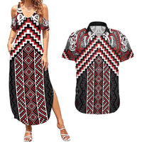 Maori Tukutuku Taniko Motifs Couples Matching Summer Maxi Dress and Hawaiian Shirt Red Poutama Mix Kowhaiwhai LT7 Red - Polynesian Pride