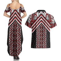 Maori Tukutuku Taniko Motifs Couples Matching Summer Maxi Dress and Hawaiian Shirt Red Poutama Mix Kowhaiwhai LT7 - Polynesian Pride