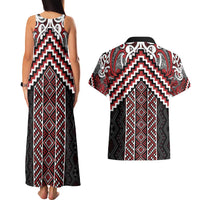 Maori Tukutuku Taniko Motifs Couples Matching Tank Maxi Dress and Hawaiian Shirt Red Poutama Mix Kowhaiwhai LT7 - Polynesian Pride