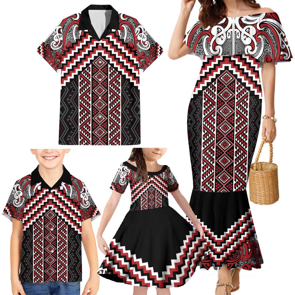 Maori Tukutuku Taniko Motifs Family Matching Mermaid Dress and Hawaiian Shirt Red Poutama Mix Kowhaiwhai LT7 - Polynesian Pride