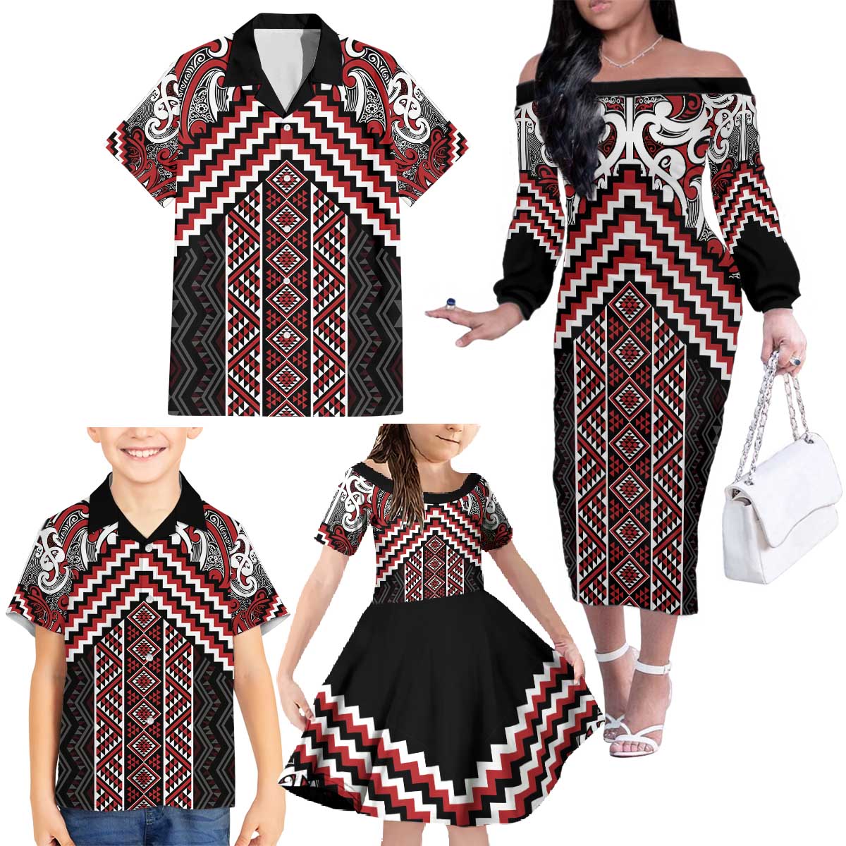 Maori Tukutuku Taniko Motifs Family Matching Off The Shoulder Long Sleeve Dress and Hawaiian Shirt Red Poutama Mix Kowhaiwhai LT7 - Polynesian Pride