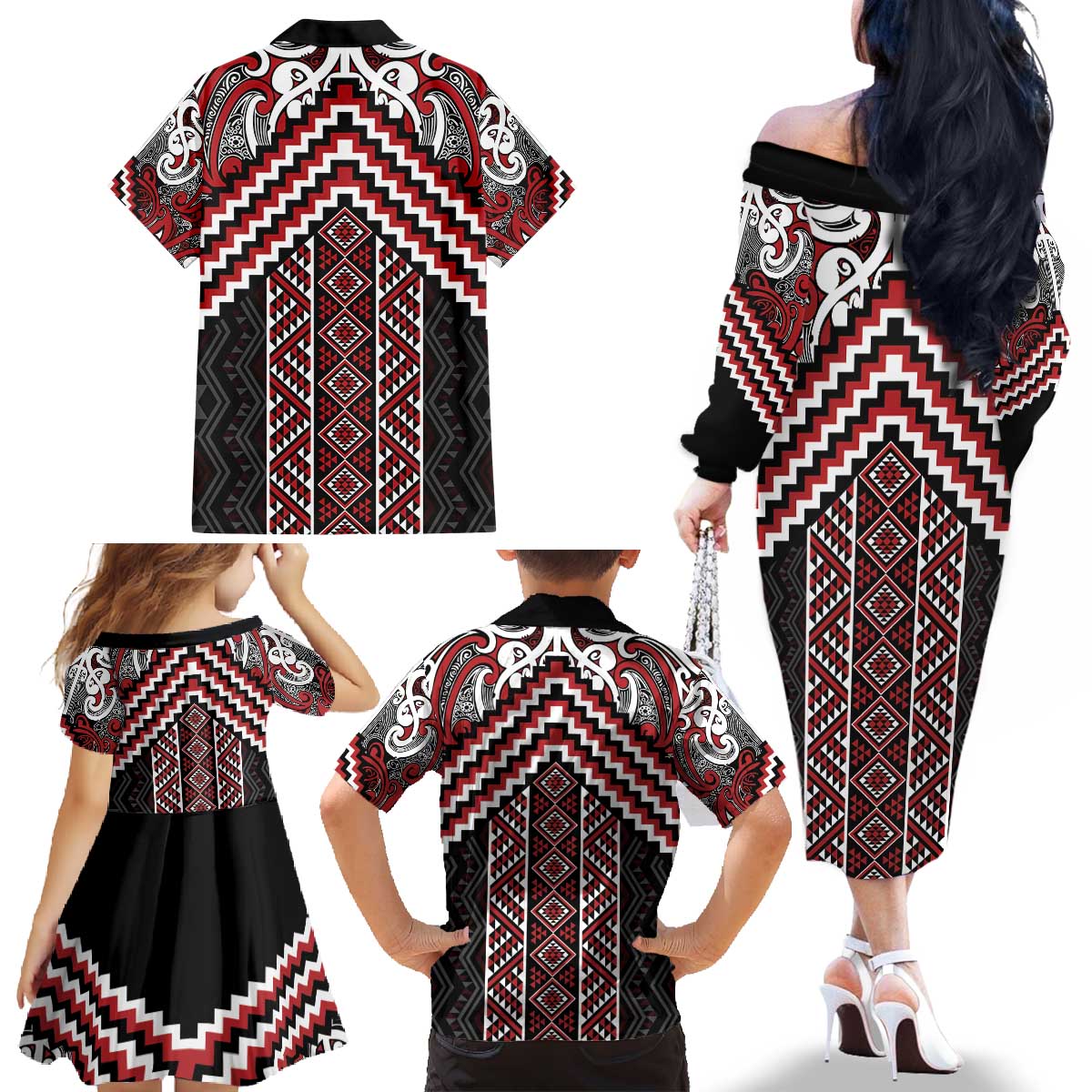 Maori Tukutuku Taniko Motifs Family Matching Off The Shoulder Long Sleeve Dress and Hawaiian Shirt Red Poutama Mix Kowhaiwhai LT7 - Polynesian Pride