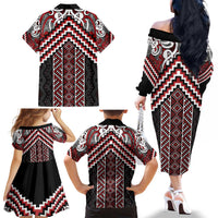 Maori Tukutuku Taniko Motifs Family Matching Off The Shoulder Long Sleeve Dress and Hawaiian Shirt Red Poutama Mix Kowhaiwhai LT7 - Polynesian Pride