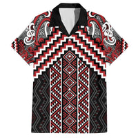 Maori Tukutuku Taniko Motifs Family Matching Off The Shoulder Long Sleeve Dress and Hawaiian Shirt Red Poutama Mix Kowhaiwhai LT7 Dad's Shirt - Short Sleeve Red - Polynesian Pride