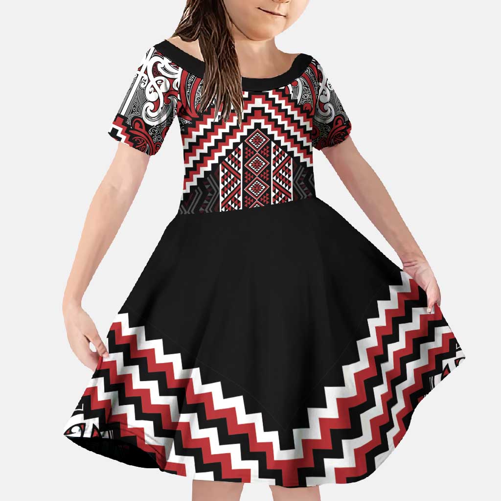 Maori Tukutuku Taniko Motifs Family Matching Off Shoulder Maxi Dress and Hawaiian Shirt Red Poutama Mix Kowhaiwhai LT7 Daughter's Dress Red - Polynesian Pride