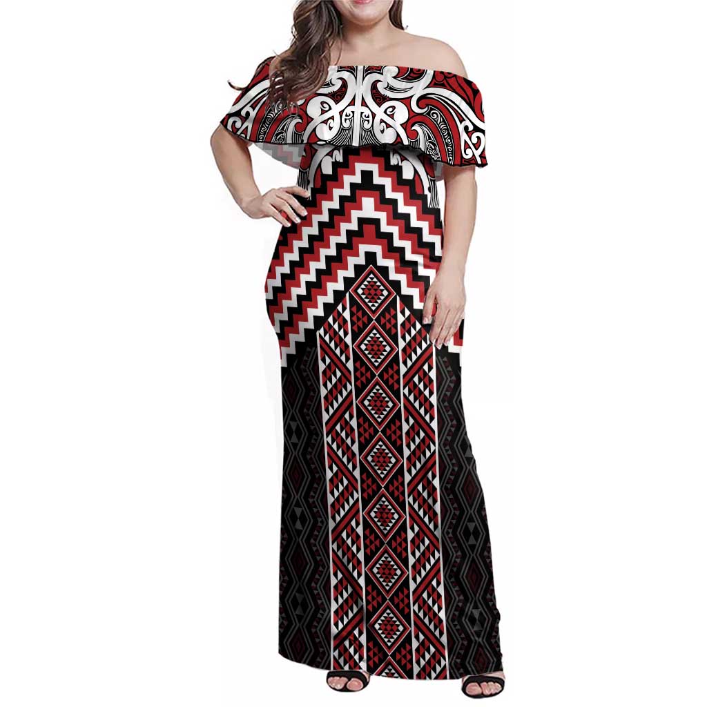 Maori Tukutuku Taniko Motifs Family Matching Off Shoulder Maxi Dress and Hawaiian Shirt Red Poutama Mix Kowhaiwhai LT7 Mom's Dress Red - Polynesian Pride