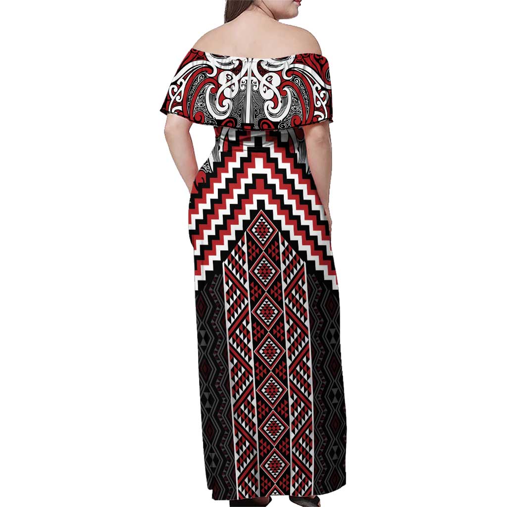 Maori Tukutuku Taniko Motifs Family Matching Off Shoulder Maxi Dress and Hawaiian Shirt Red Poutama Mix Kowhaiwhai LT7 - Polynesian Pride