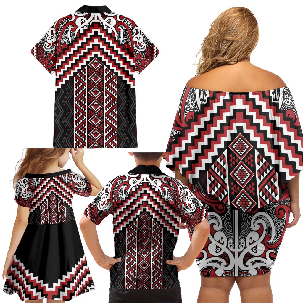 Maori Tukutuku Taniko Motifs Family Matching Off Shoulder Short Dress and Hawaiian Shirt Red Poutama Mix Kowhaiwhai LT7 - Polynesian Pride