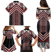 Maori Tukutuku Taniko Motifs Family Matching Puletasi and Hawaiian Shirt Red Poutama Mix Kowhaiwhai LT7 - Polynesian Pride