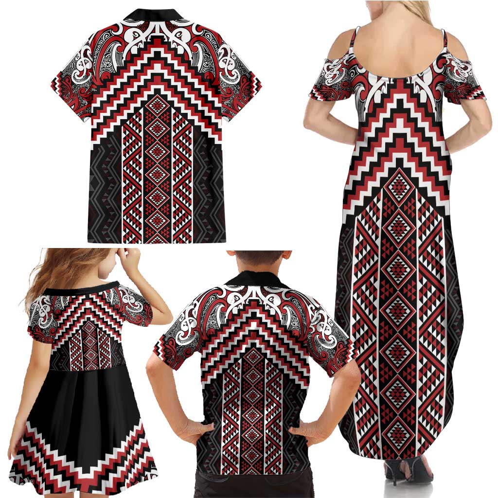 Maori Tukutuku Taniko Motifs Family Matching Summer Maxi Dress and Hawaiian Shirt Red Poutama Mix Kowhaiwhai LT7 - Polynesian Pride