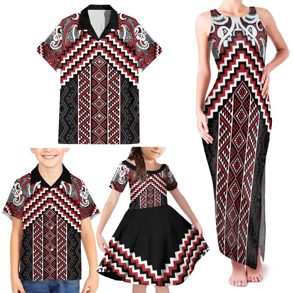 Maori Tukutuku Taniko Motifs Family Matching Tank Maxi Dress and Hawaiian Shirt Red Poutama Mix Kowhaiwhai LT7 - Polynesian Pride