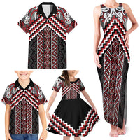 Maori Tukutuku Taniko Motifs Family Matching Tank Maxi Dress and Hawaiian Shirt Red Poutama Mix Kowhaiwhai LT7 - Polynesian Pride