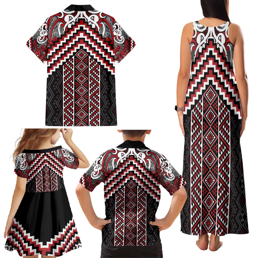 Maori Tukutuku Taniko Motifs Family Matching Tank Maxi Dress and Hawaiian Shirt Red Poutama Mix Kowhaiwhai LT7 - Polynesian Pride