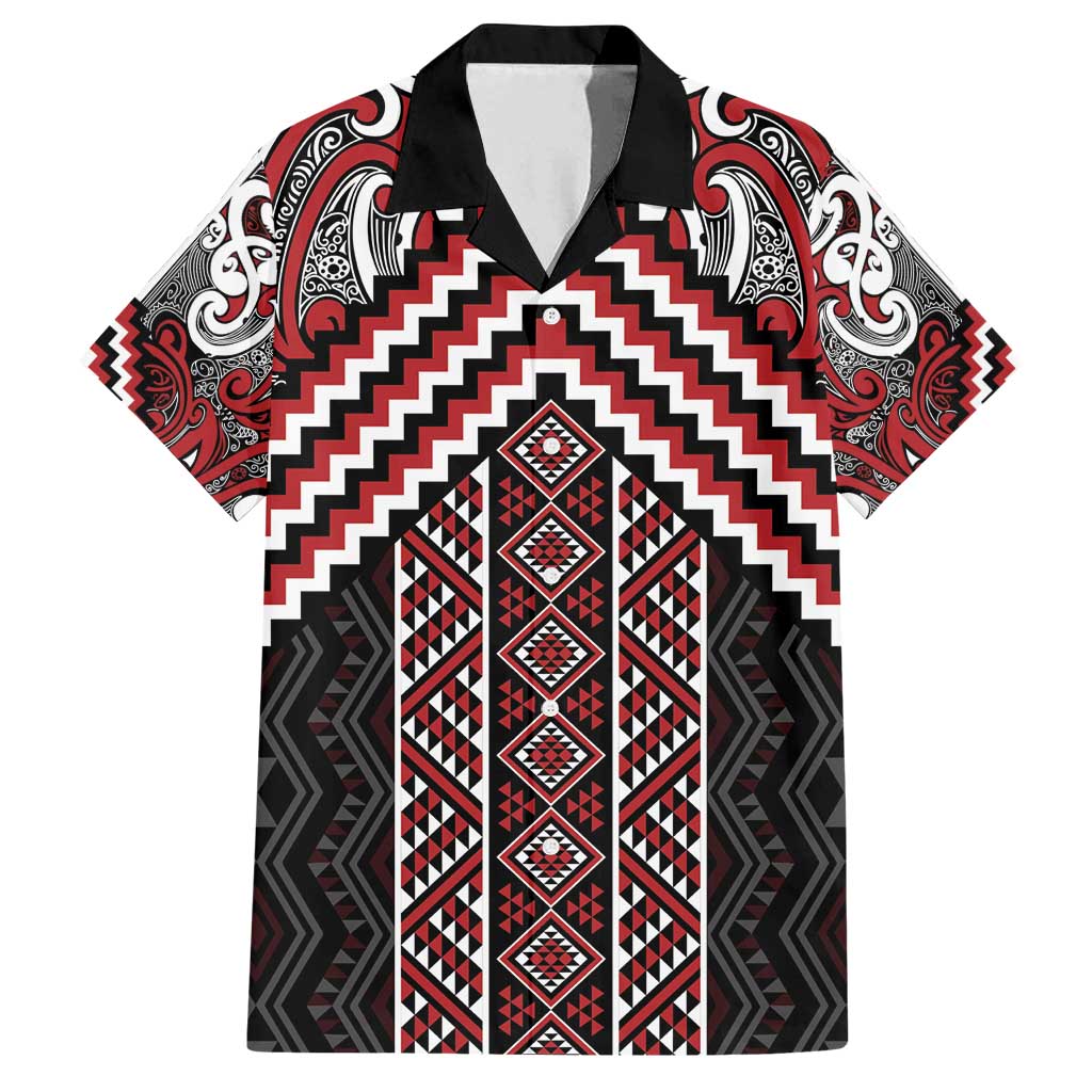Maori Tukutuku Taniko Motifs Family Matching Tank Maxi Dress and Hawaiian Shirt Red Poutama Mix Kowhaiwhai LT7 Dad's Shirt - Short Sleeve Red - Polynesian Pride