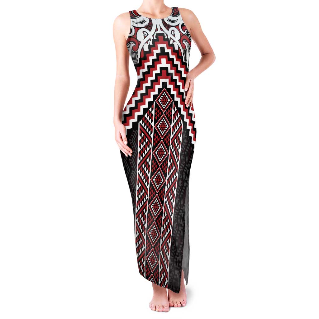 Maori Tukutuku Taniko Motifs Family Matching Tank Maxi Dress and Hawaiian Shirt Red Poutama Mix Kowhaiwhai LT7 Mom's Dress Red - Polynesian Pride