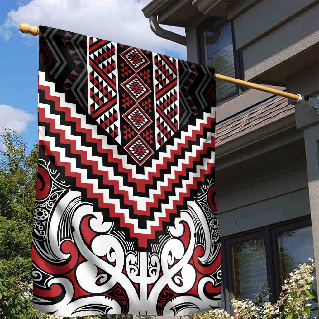 Maori Tukutuku Taniko Motifs Garden Flag Red Poutama Mix Kowhaiwhai LT7 - Polynesian Pride