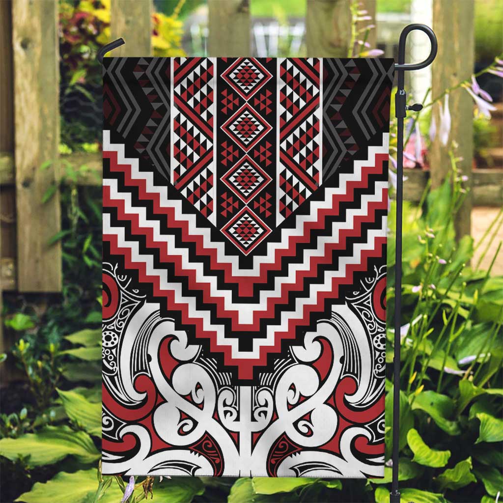 Maori Tukutuku Taniko Motifs Garden Flag Red Poutama Mix Kowhaiwhai LT7 Garden Flag Red - Polynesian Pride