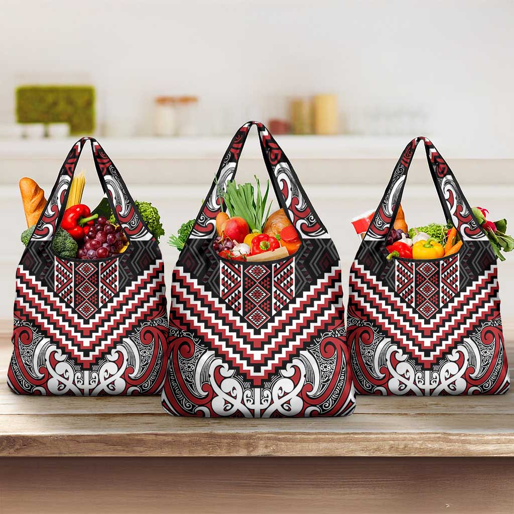 Maori Tukutuku Taniko Motifs Grocery Bag Red Poutama Mix Kowhaiwhai LT7 3-pack One Size Red - Polynesian Pride