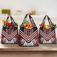 Maori Tukutuku Taniko Motifs Grocery Bag Red Poutama Mix Kowhaiwhai LT7 3-pack One Size Red - Polynesian Pride
